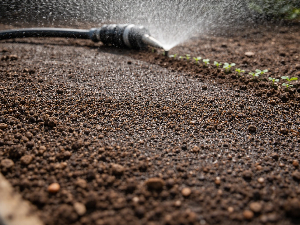 Fine sprinkler mist evenly dampens the seeded coarse soil surface without runoff.