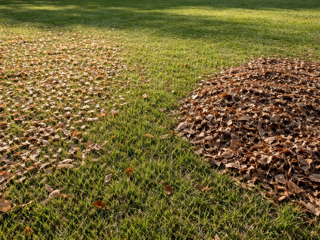 Overhead view of a lawn with thin shredded leaves helping grass and a thicker matted leaf patch harming it.