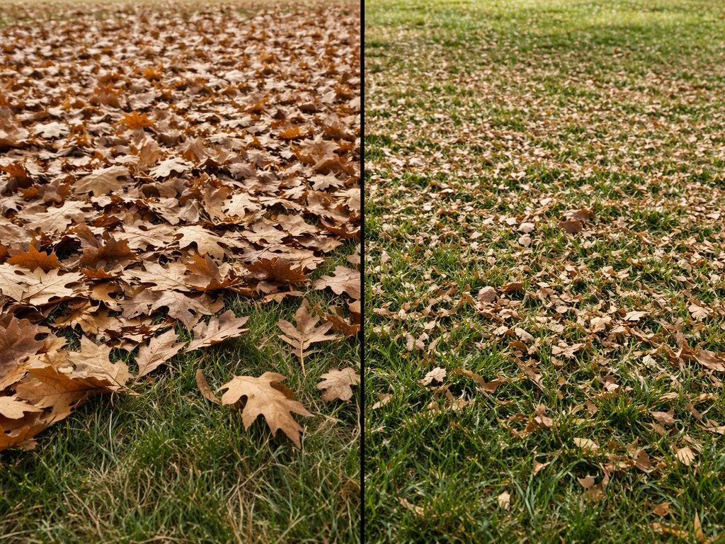 Split view of whole leaves smothering lawn vs shredded leaves thinly spread over healthy grass.
