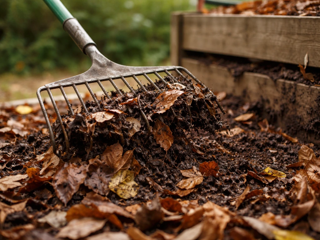 Close-up of a garden rake turning a heavy pile of leaves into a compost heap