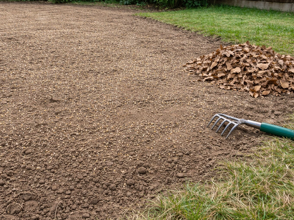 Bare grass seedbed with loose shredded leaves kept off the seeded area for clean soil contact.
