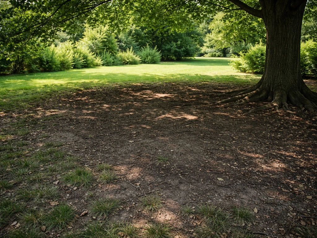 Patchy grass and bare soil under a mature tree canopy casting deep shade, with leaf litter near the trunk.