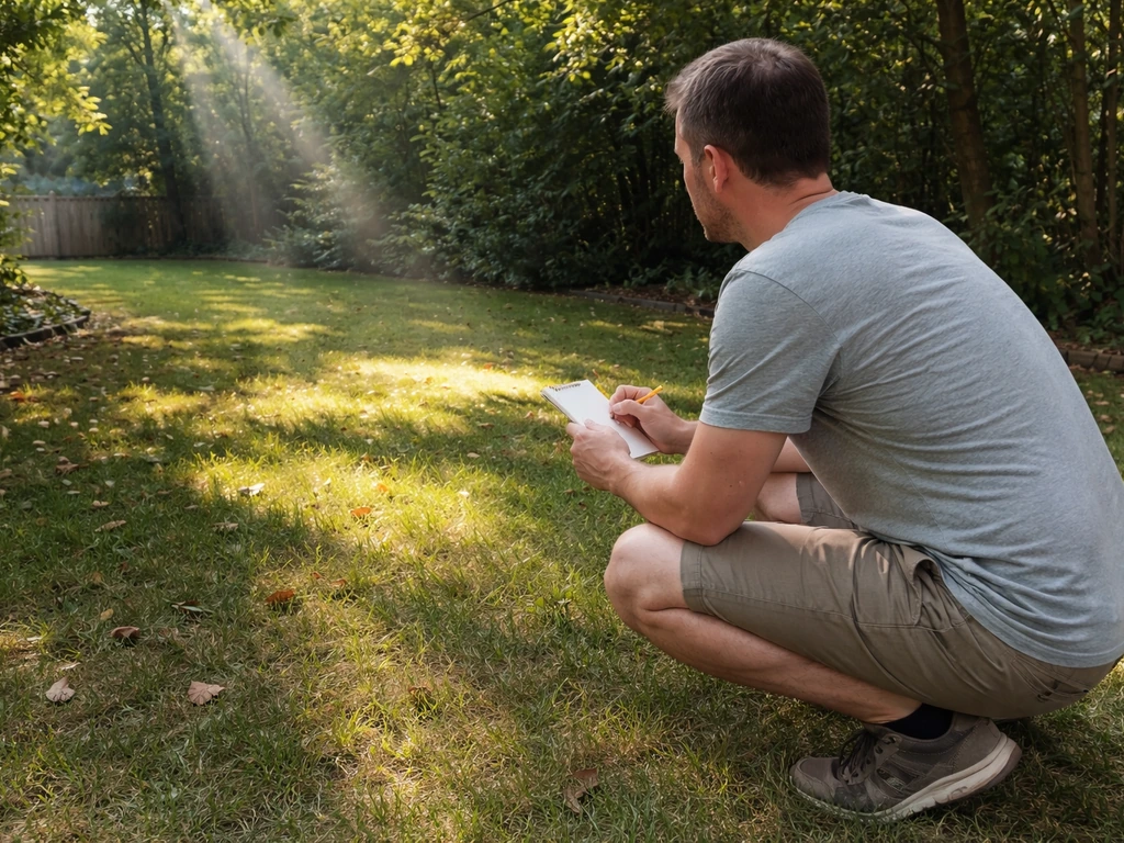 Homeowner checking sun and shade under a tree canopy with a notepad during the day