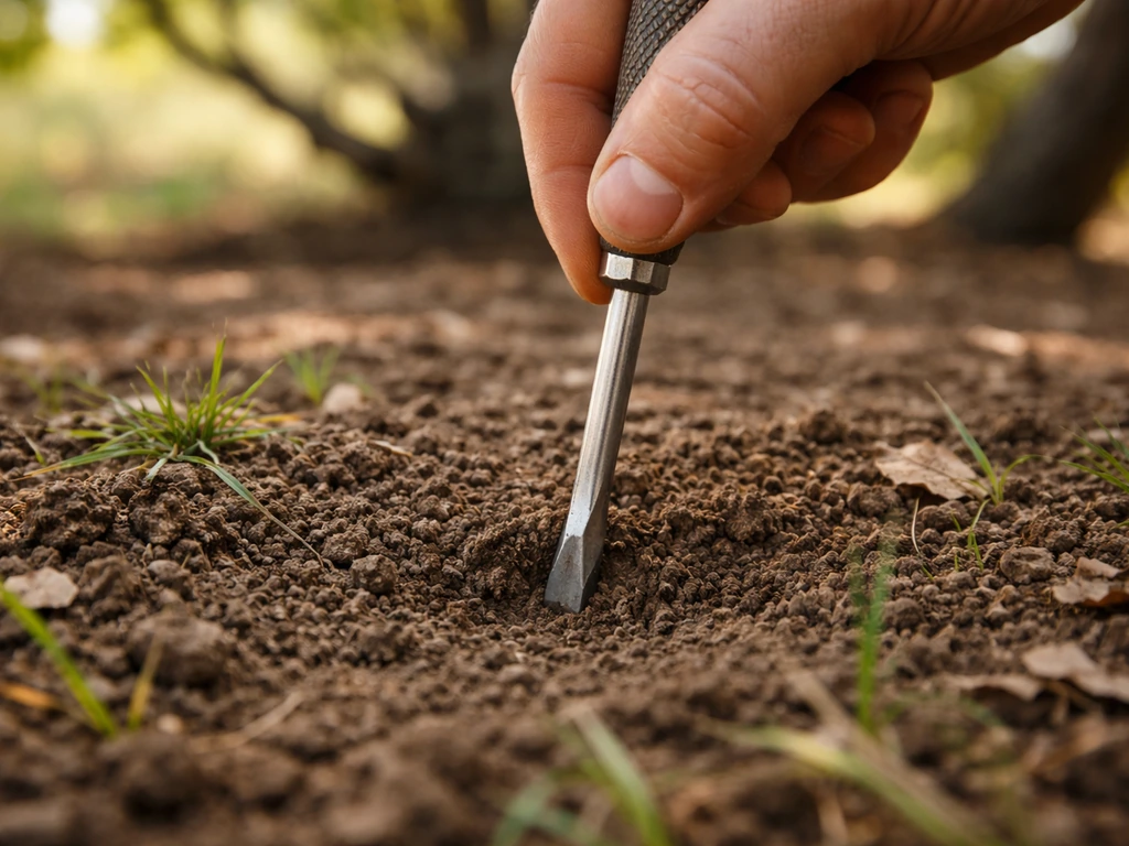 Close-up of a screwdriver pushed into compact, resistant soil beneath a tree canopy.