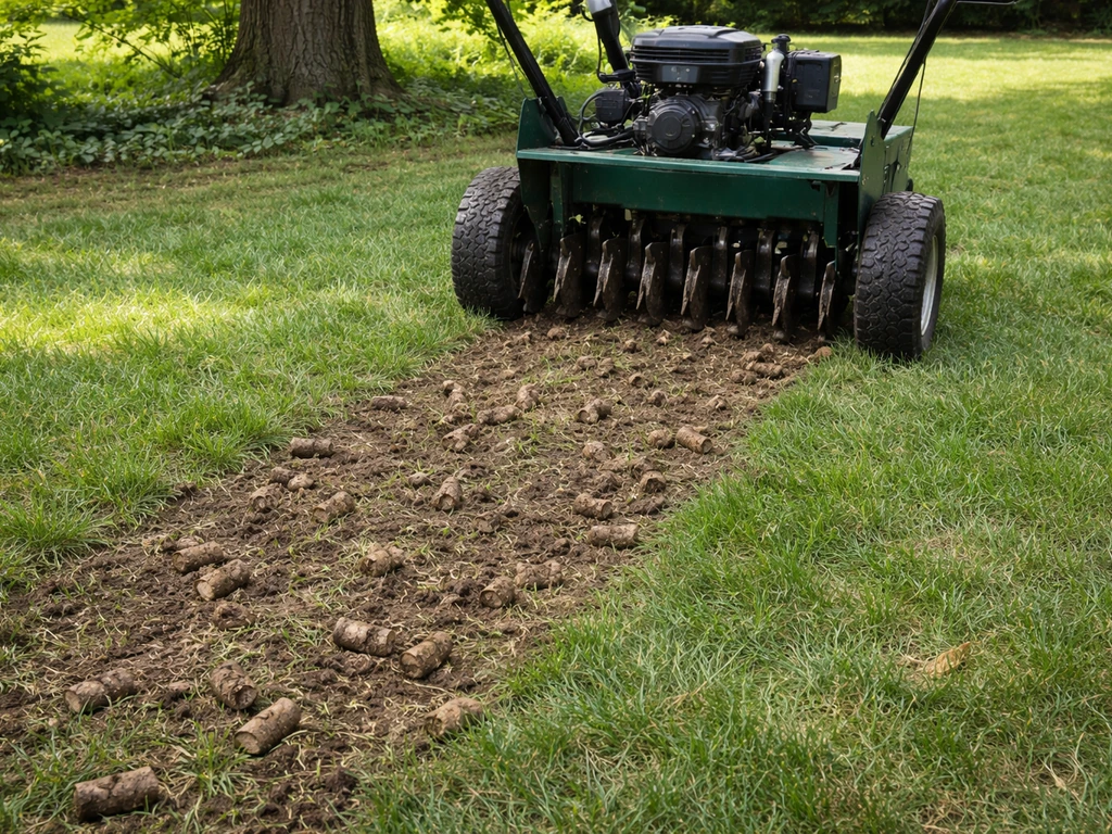 Core aerator working on an under-tree lawn, soil plugs removed and loosened for topdressing.