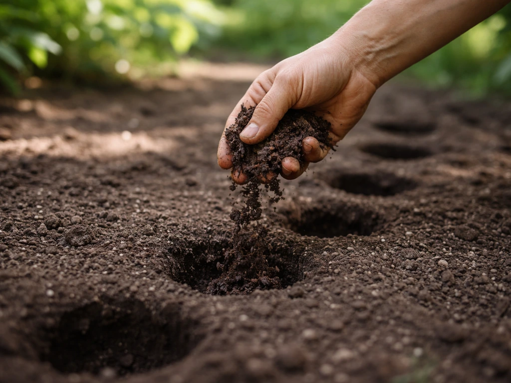 Hand spreading finished compost into small aeration holes in shaded soil under trees