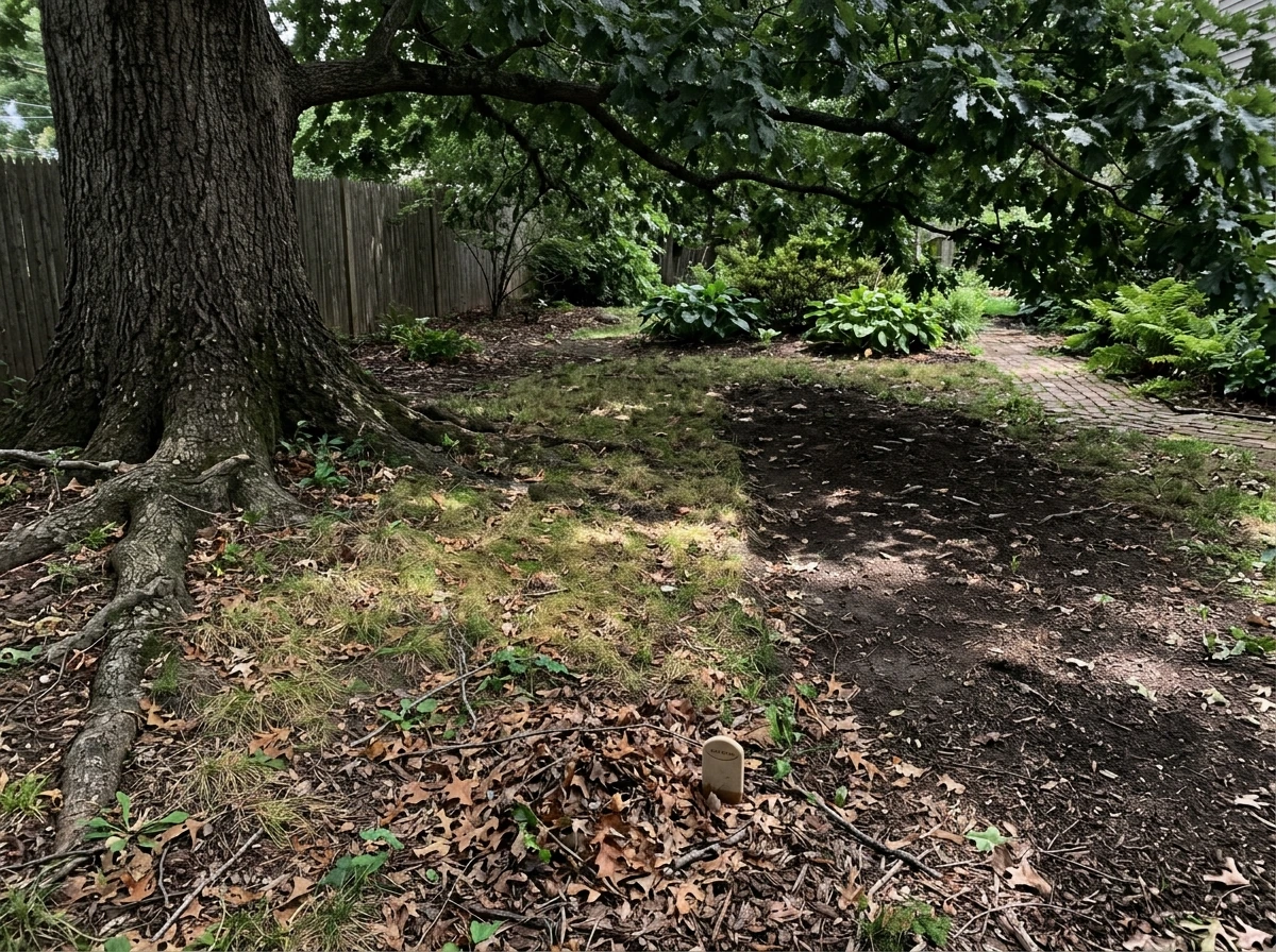 Thinning grass under a mature tree canopy showing too little direct sunlight