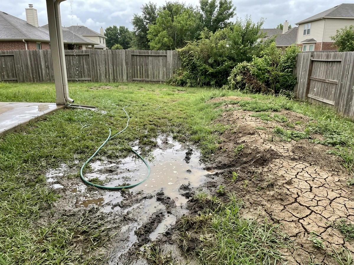 Wet low area with puddling soil contrasted with nearby dry cracked ground