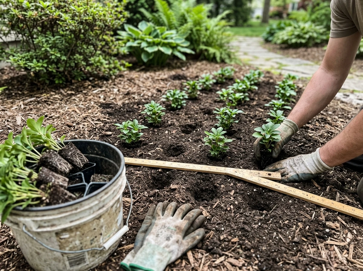 Hand placing ground-cover plugs into prepared soil with visible spacing