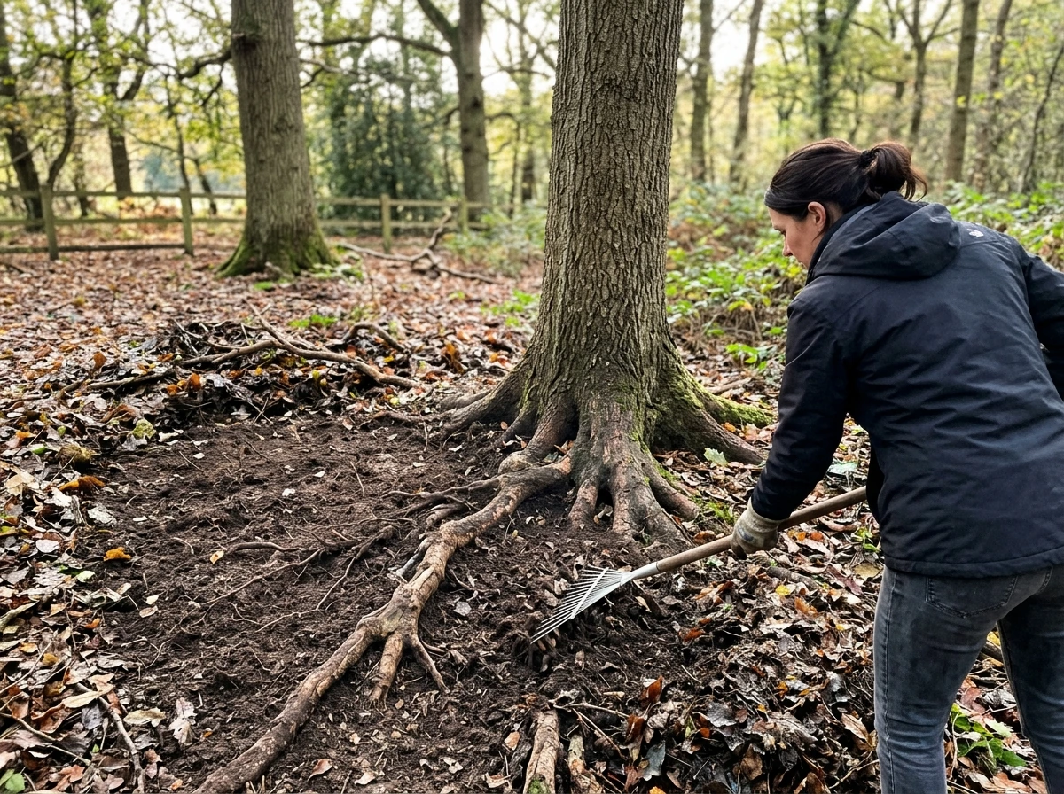 Loosening and preparing soil under a tree before planting grass-free ground covers