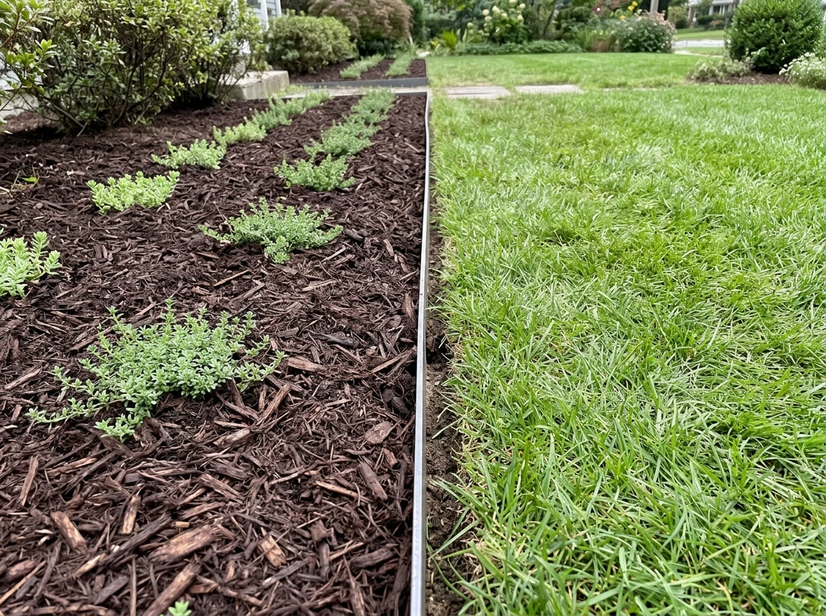 Metal edging and mulched bed separating grass-free planting from lawn