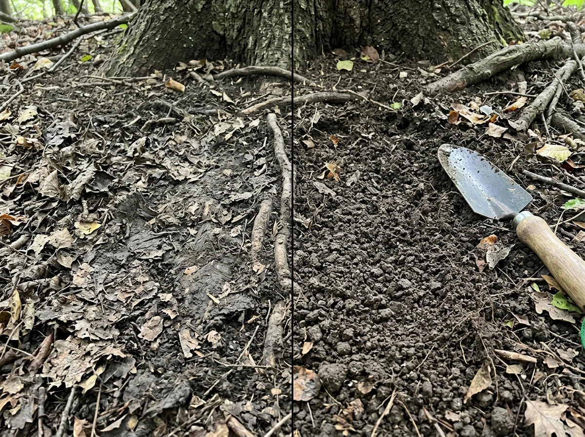 Close-up of compacted, clumpy soil under a tree versus loosened crumbly soil.
