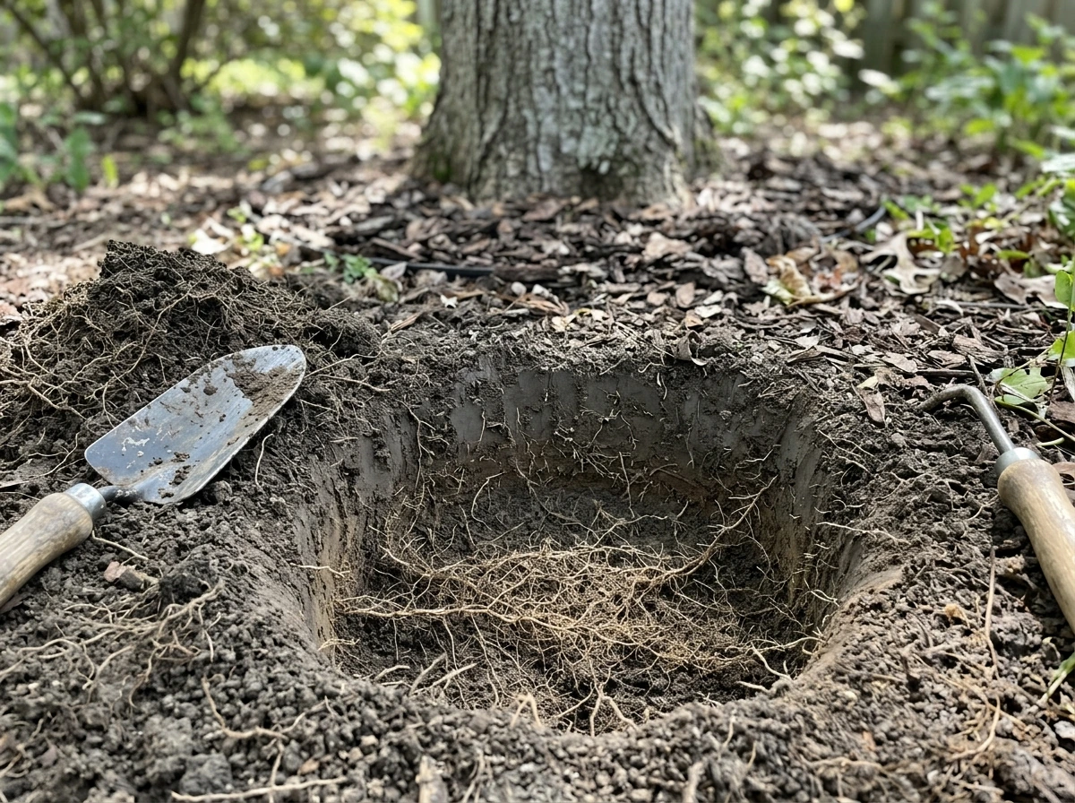 Shallow test hole under a tree showing dense surface roots.