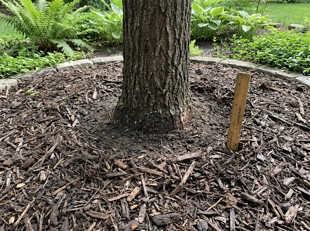Mulch bed under a tree with correct depth and mulch pulled back from trunk.