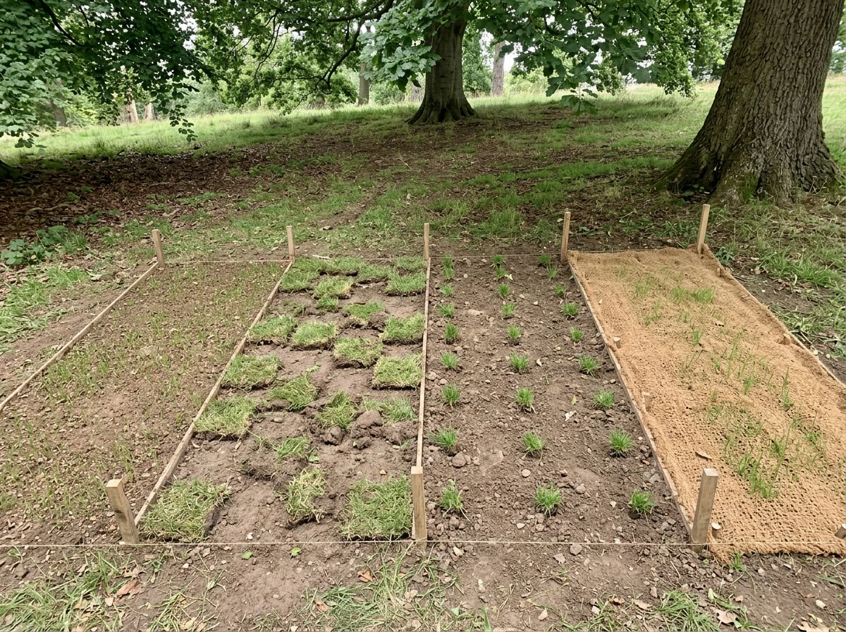 Adjacent plots showing seed, sod, plugs, and mat options for under-tree groundcover.