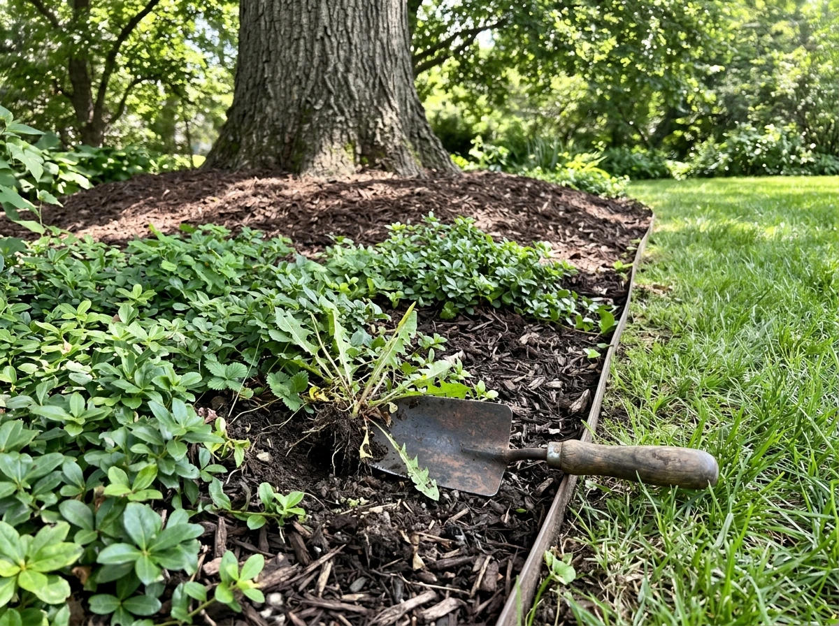 Hand weeding and careful edging in a groundcover bed under a tree.