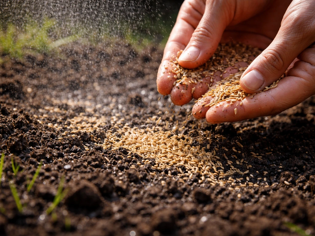 Grass seed being spread on prepared soil with a light mist of water in bright sun.