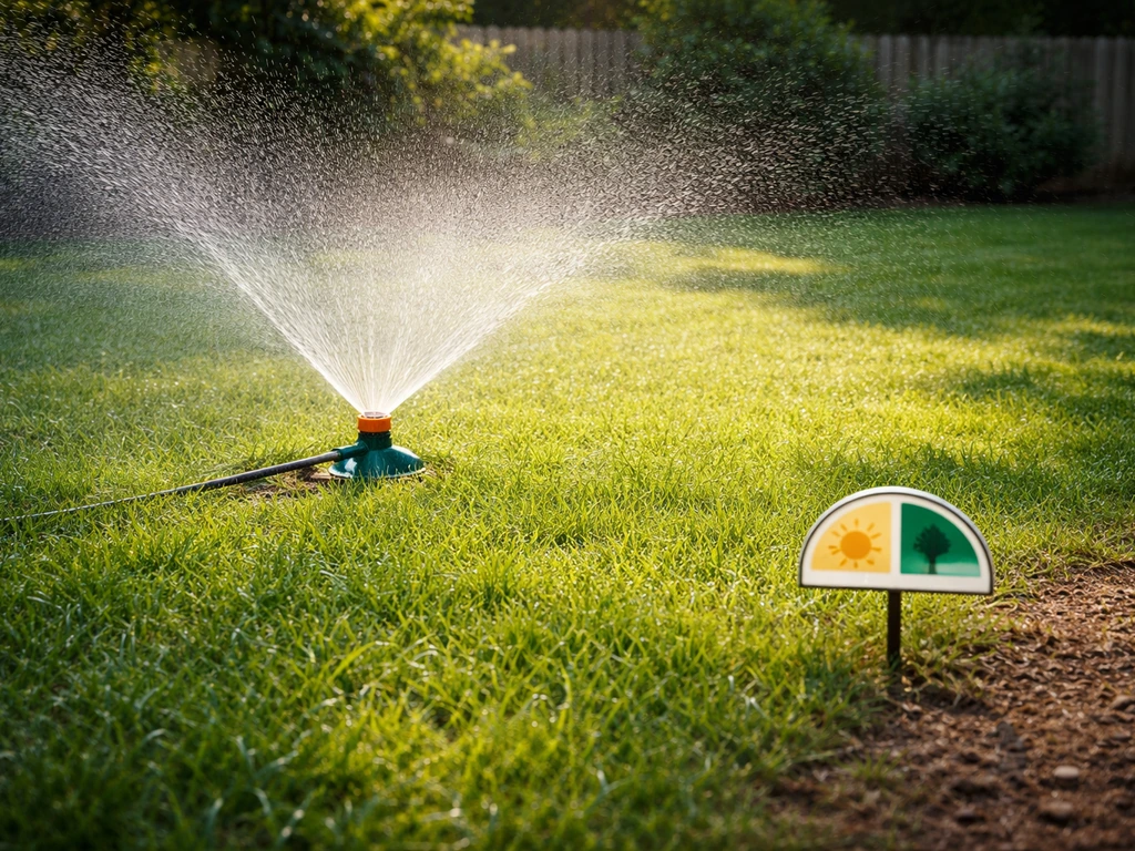Sprinkler watering a lawn in warm sunlight with clear sunlit patches suggesting 4–6+ hours.