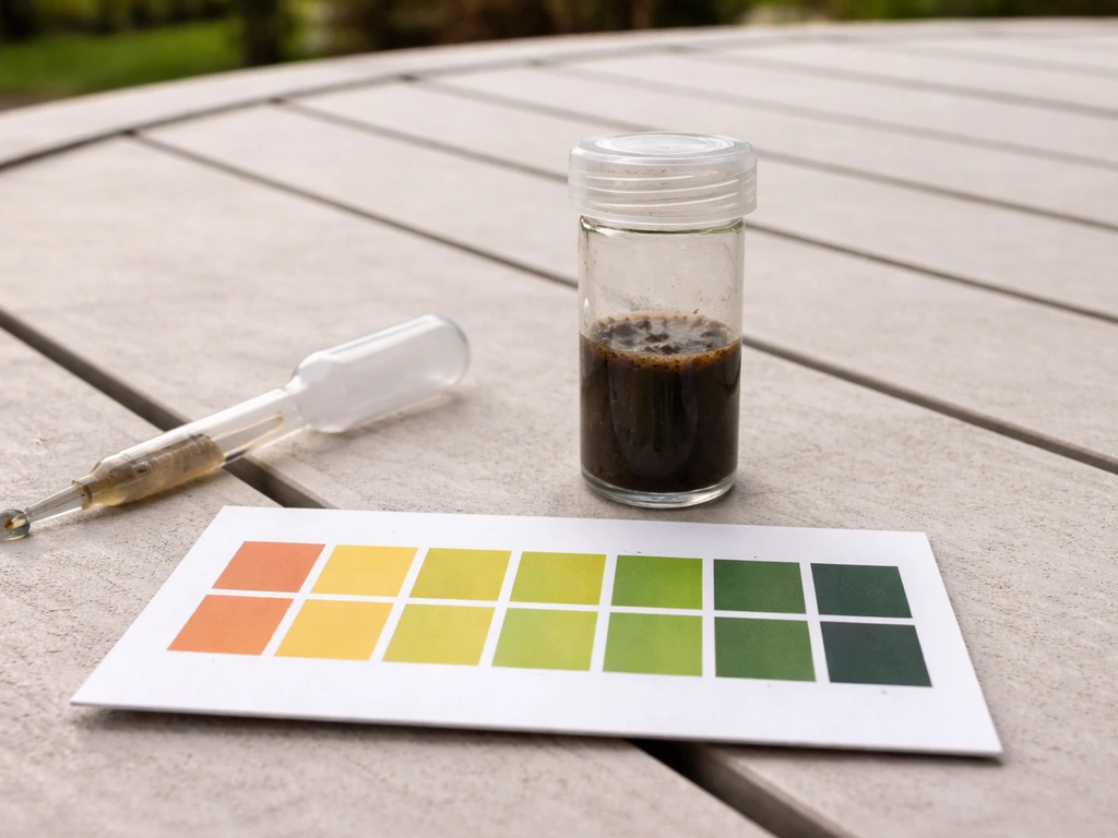 Close-up soil test kit with soil slurry and a pH color chart highlighting target 6.0–6.5 tones.