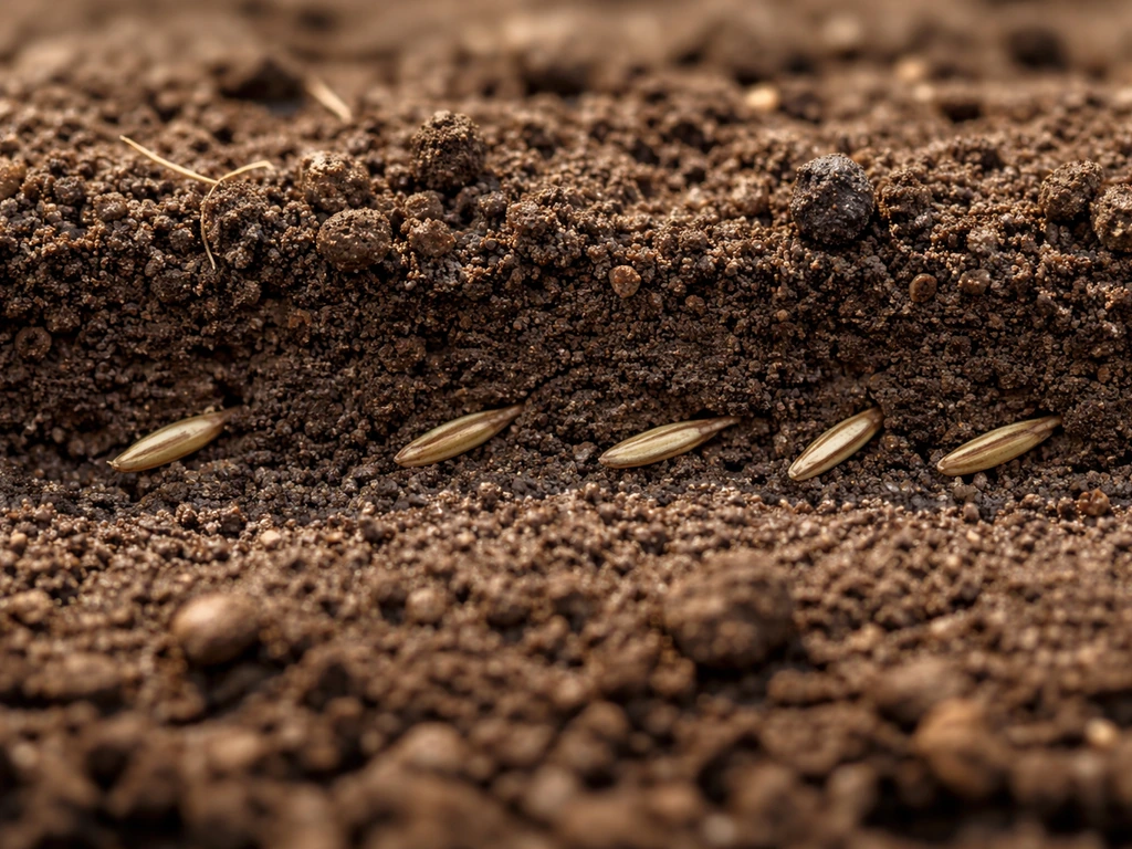 Cross-section view of tiny grass seeds pressed into firm soil at about 1/4 inch depth.