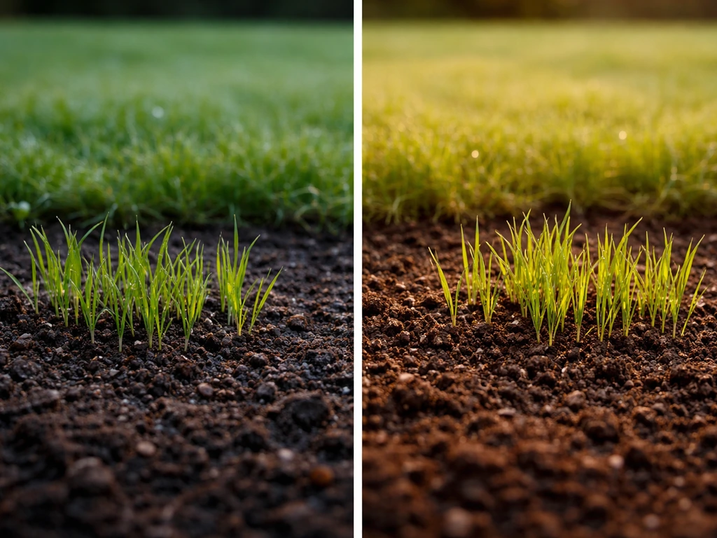 Close-up of grass seedlings in soil with a simple blurred lawn background, symbolizing seasonal grass planting.