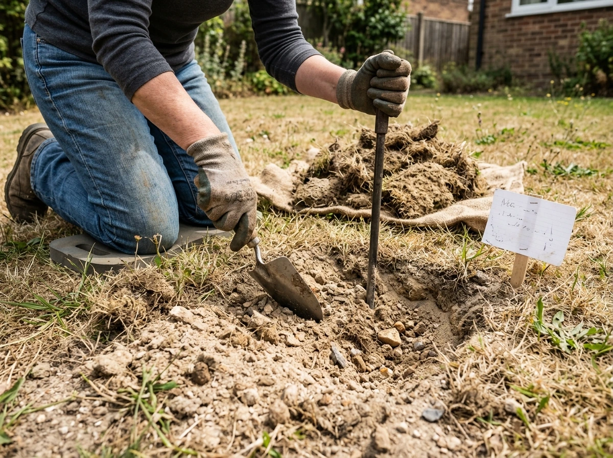 Hand digging into a patch where grass fails to inspect soil quality and compaction.