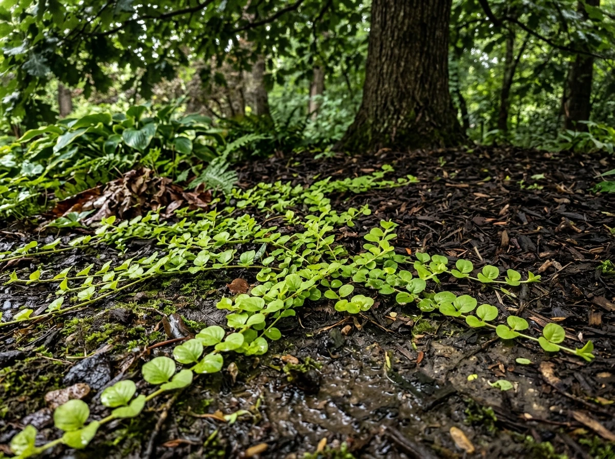Trailing ground cover in a damp shaded spot, showing low spread and coverage.