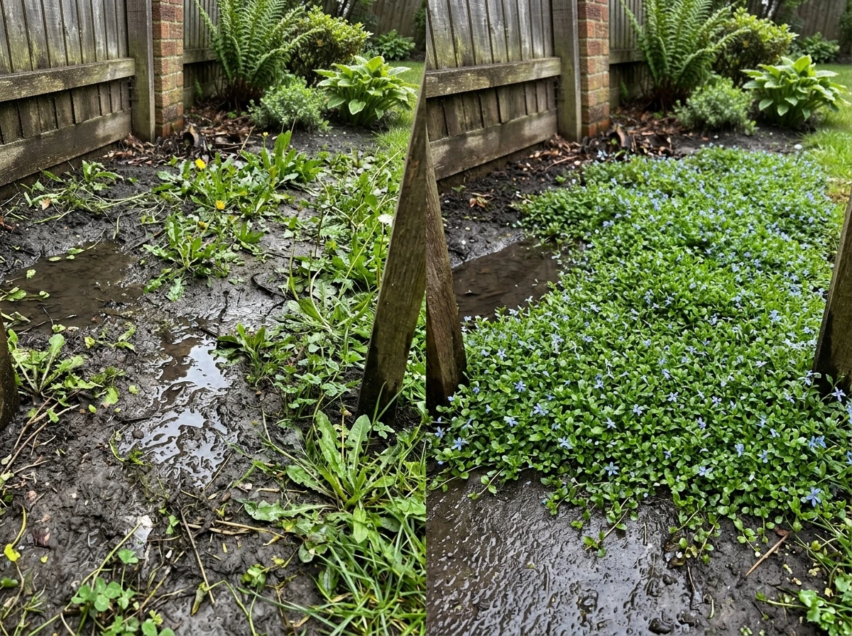 Wet corner showing moisture-tolerant ground cover taking over where grass won’t grow.