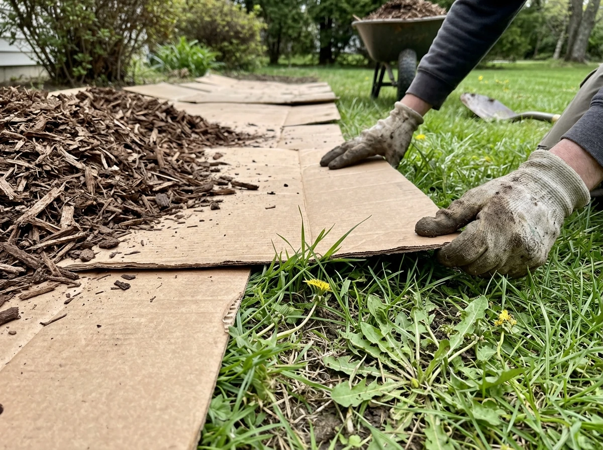 Cardboard laid over turf as a no-grass smothering base before adding mulch.