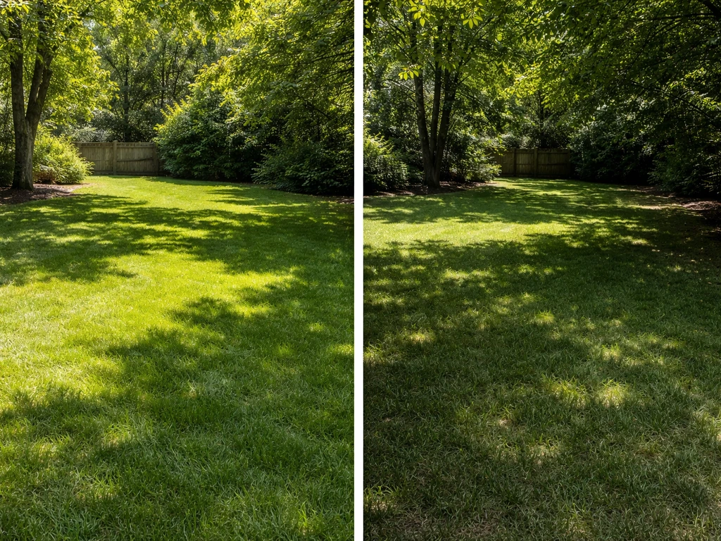 Side-by-side yard showing one sunny, full-sun grass area and one shaded, dimmer grass area.