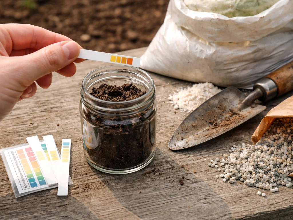Garden soil sample jar with pH test strips and lime plus starter fertilizer in a hand-held close-up.