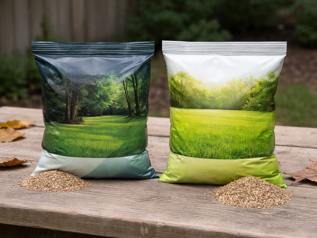 Two sealed grass seed bags side-by-side on a shaded garden bench with a few seeds spilling out.