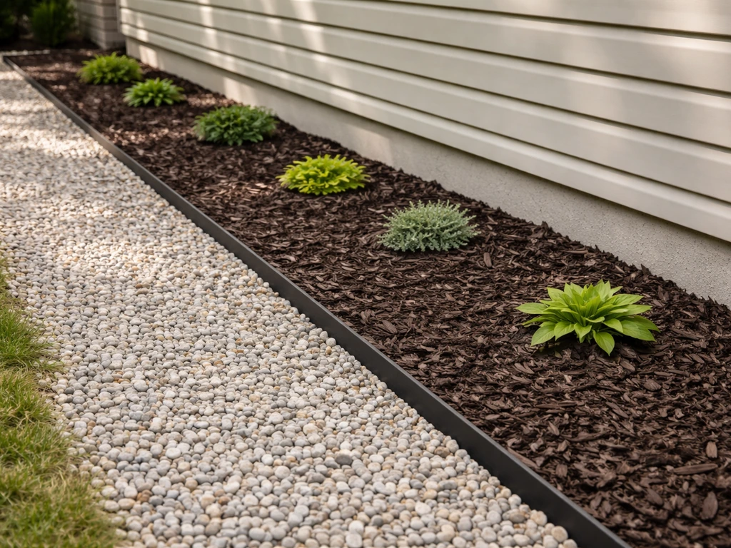 Clean gravel-and-mulch side yard with edging and small groundcovers beside a house wall.