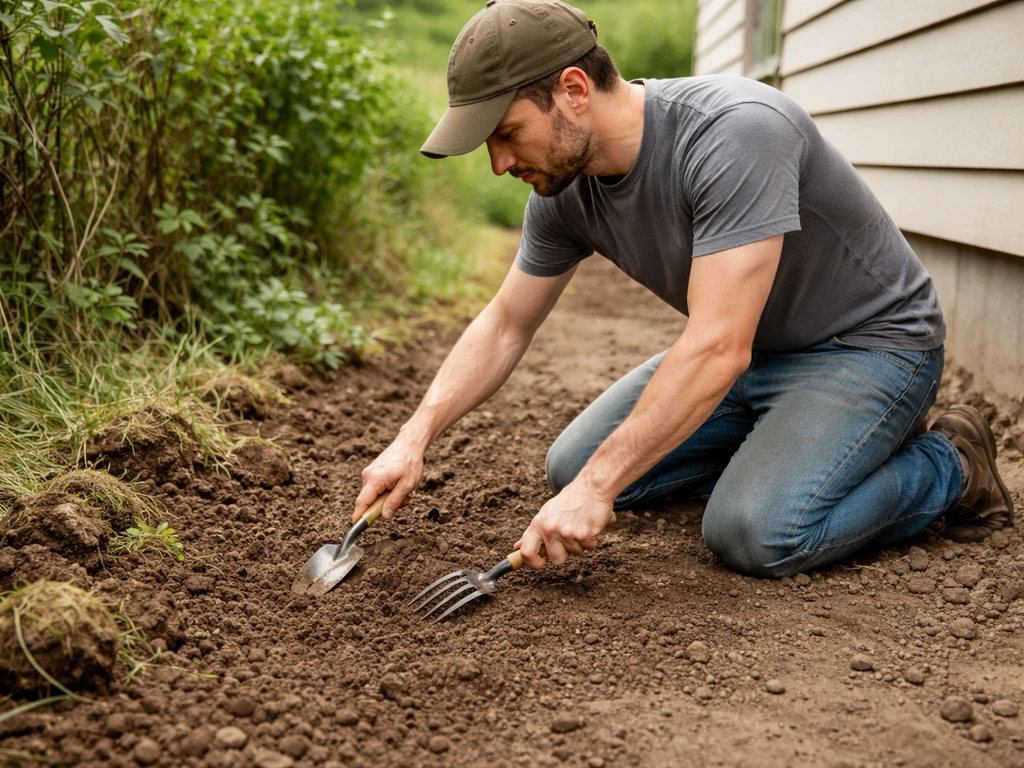 Homeowner kneeling and removing grass and weeds to expose bare soil in a side yard strip