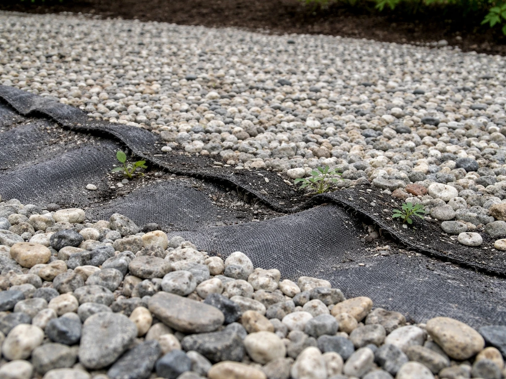 Close-up of landscape fabric under gravel with lifted seams, trapped silt, and weeds breaking through.
