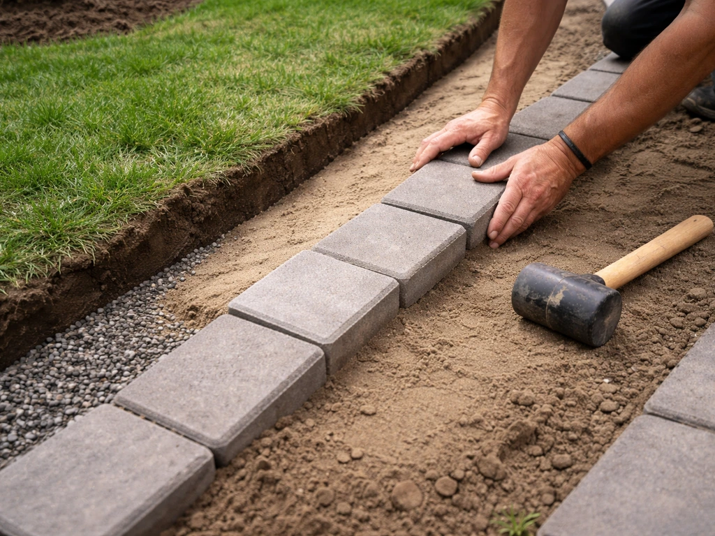 Excavated trench with compacted gravel base and pavers being set along a lawn edge.