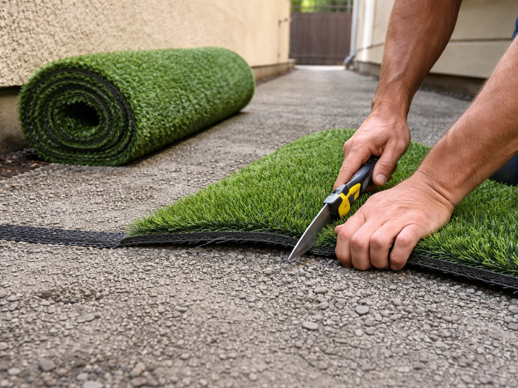 Hands cutting rolled artificial turf on a compacted crushed granite base with drainage grade slope.