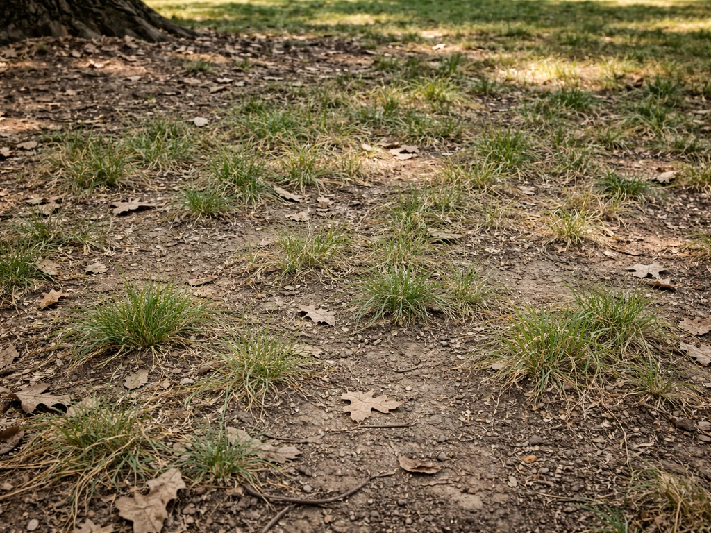 Sparse, patchy grass and dry soil with leaf litter under a tree canopy.