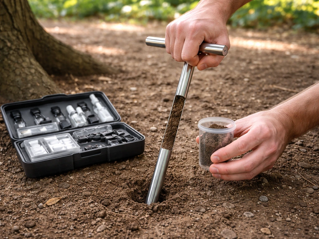 Hands taking a soil core under a tree with a simple soil test kit and sample container