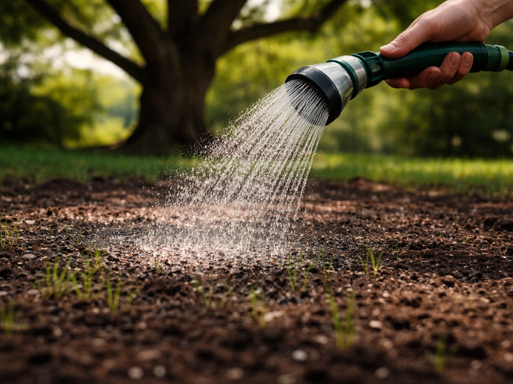 Garden hose gently waters newly seeded grass under a tree, keeping the soil moist.