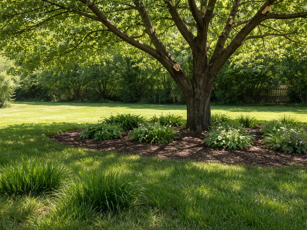 Dappled light under a pruned tree canopy with taller grass showing higher mowing in shade