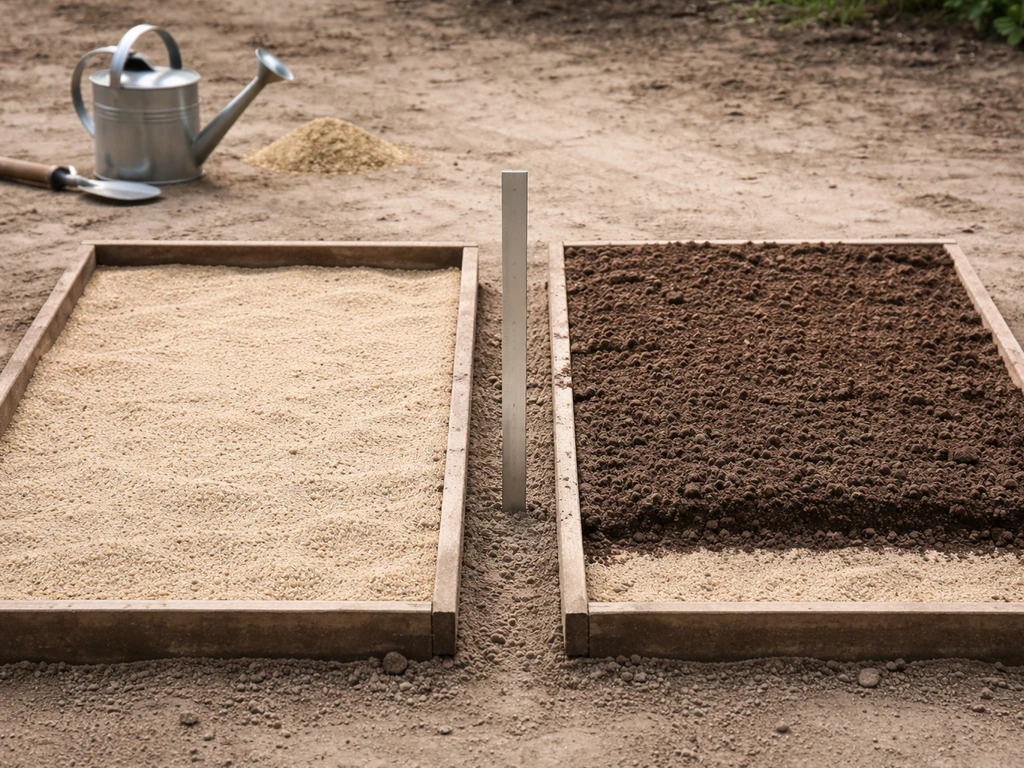 Side-by-side sand and topsoil layers showing the topsoil depth ready for grass seeding.