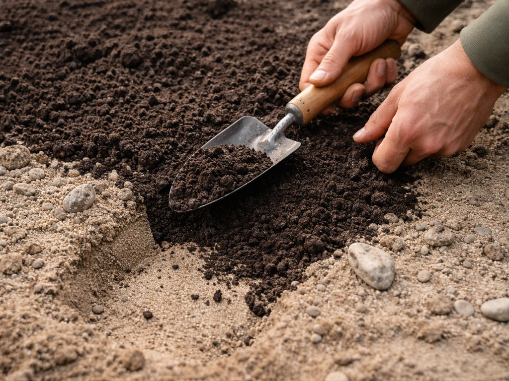 Topsoil being spread over sandy ground with small rocks, showing sand texture underneath