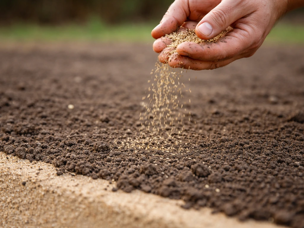 Close-up of lawn seeds being spread over freshly leveled topsoil beside visible sand edging.