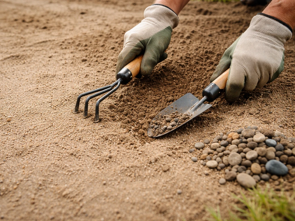 Hands using a small garden tool to pull rocks and debris from a sandy bed before adding soil.