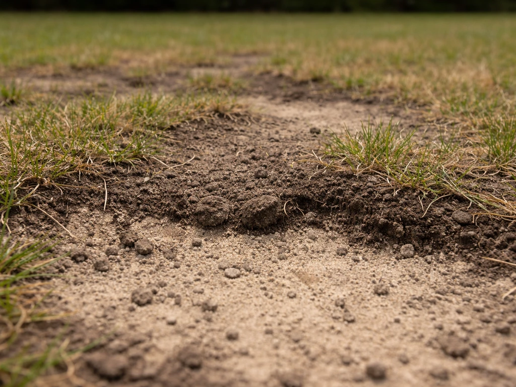 Thinning lawn patches where grass fades over thin topsoil meeting dry sand.