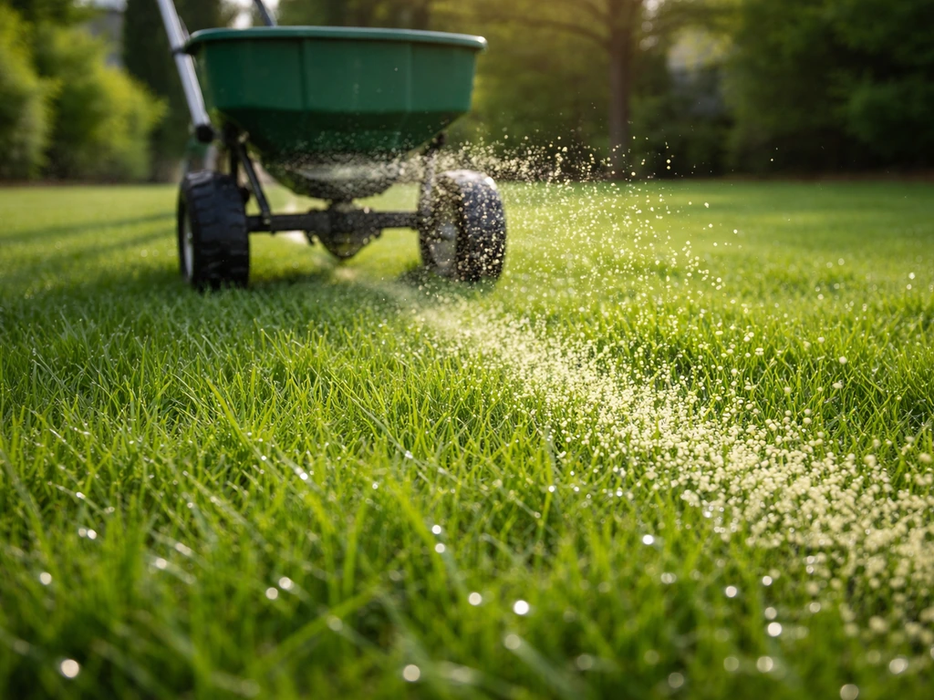 Dewy green lawn with a spreader scattering lime granules onto the grass