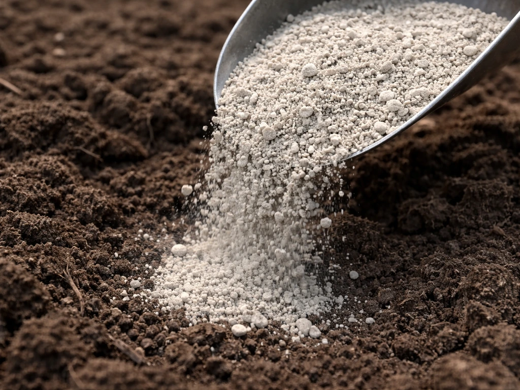 Pale ground limestone particles sprinkled into dark soil, showing texture and shallow depth of field.