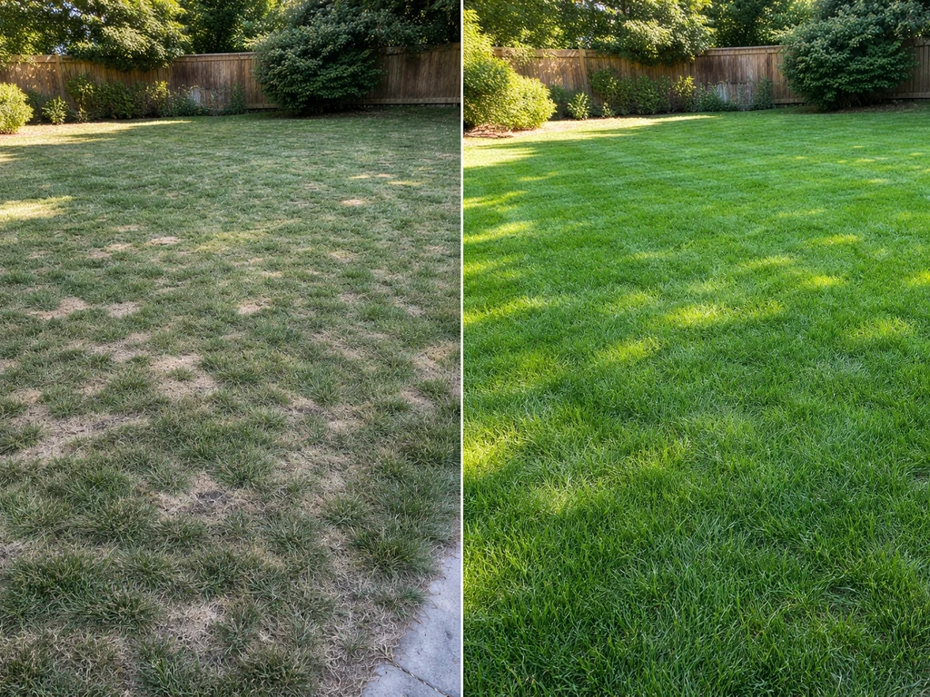 Split scene showing a lawn at 0 weeks and greener grass after 4–8 weeks from lime application