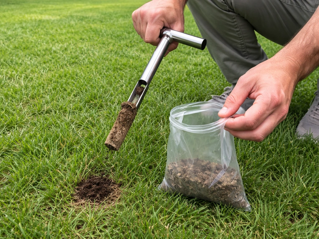 Hands using a soil probe to collect soil cores from a lawn at multiple spots